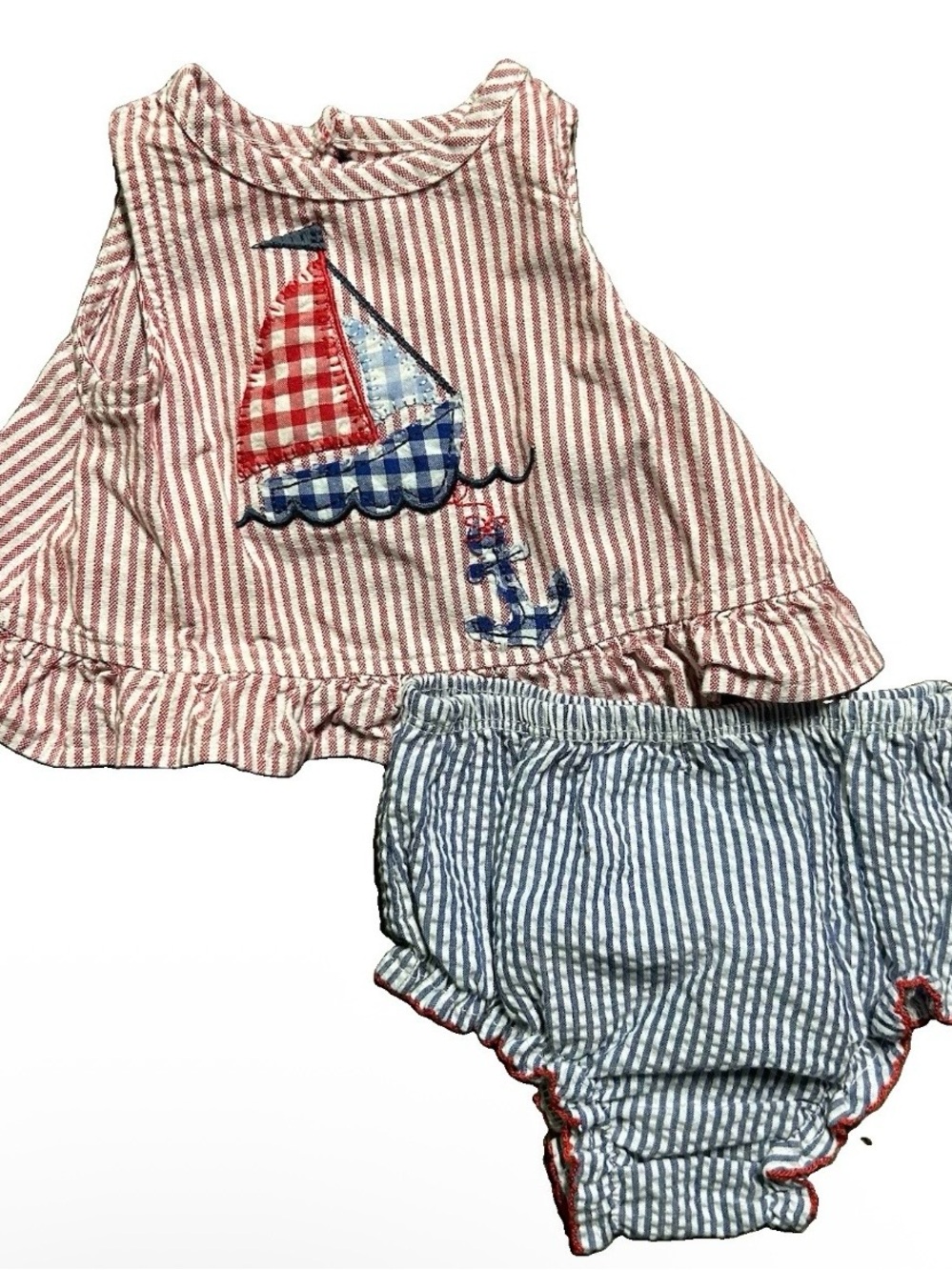 Baby Girl Mudpie Coastal Summer Outfit Red White Blue Sailboat Size 0-3 Months